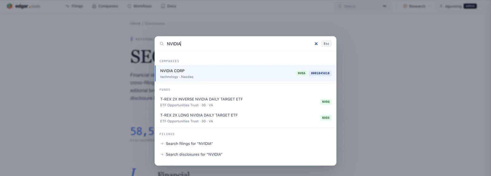 The Cmd+K command palette resolving "NVIDIA" into the company NVIDIA Corp (ticker NVDA, CIK 0001045810), two NVIDIA ETFs under Funds, and shortcuts to search filings or disclosures for the term