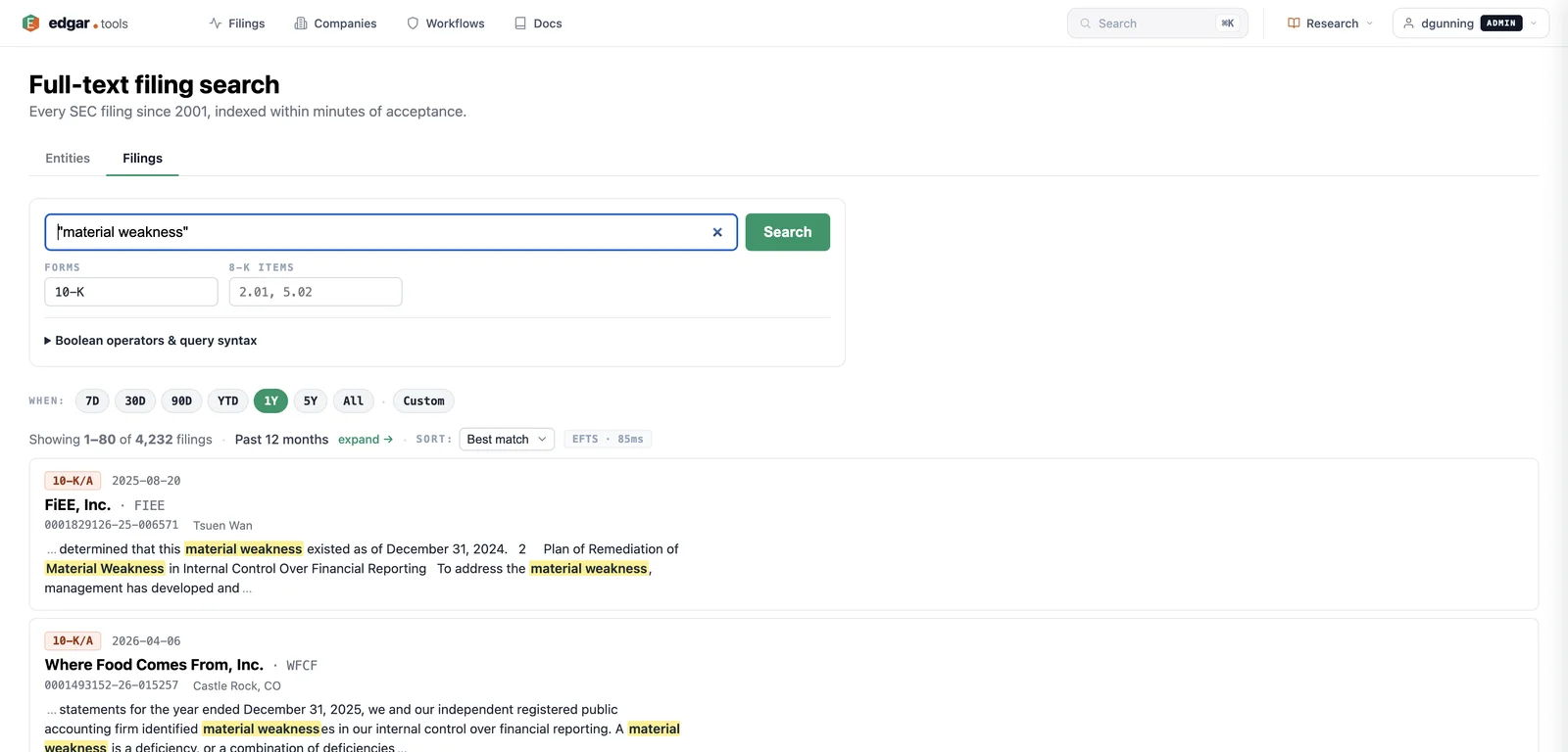 edgar.tools full-text filing search for the phrase "material weakness" filtered to 10-K, showing results grouped to one row per filing with the matched phrase highlighted in each snippet
