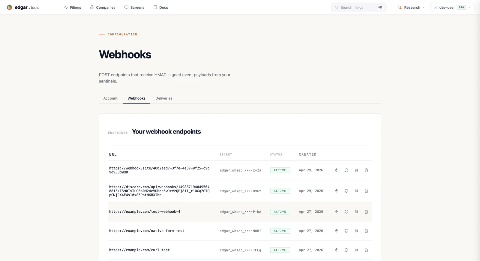 Webhooks settings page showing the Your webhook endpoints table with five active endpoints — webhook.site, discord.com, and three example.com test endpoints — each row listing the URL, masked signing secret, ACTIVE status, creation date, and action icons for test/rotate/copy/delete