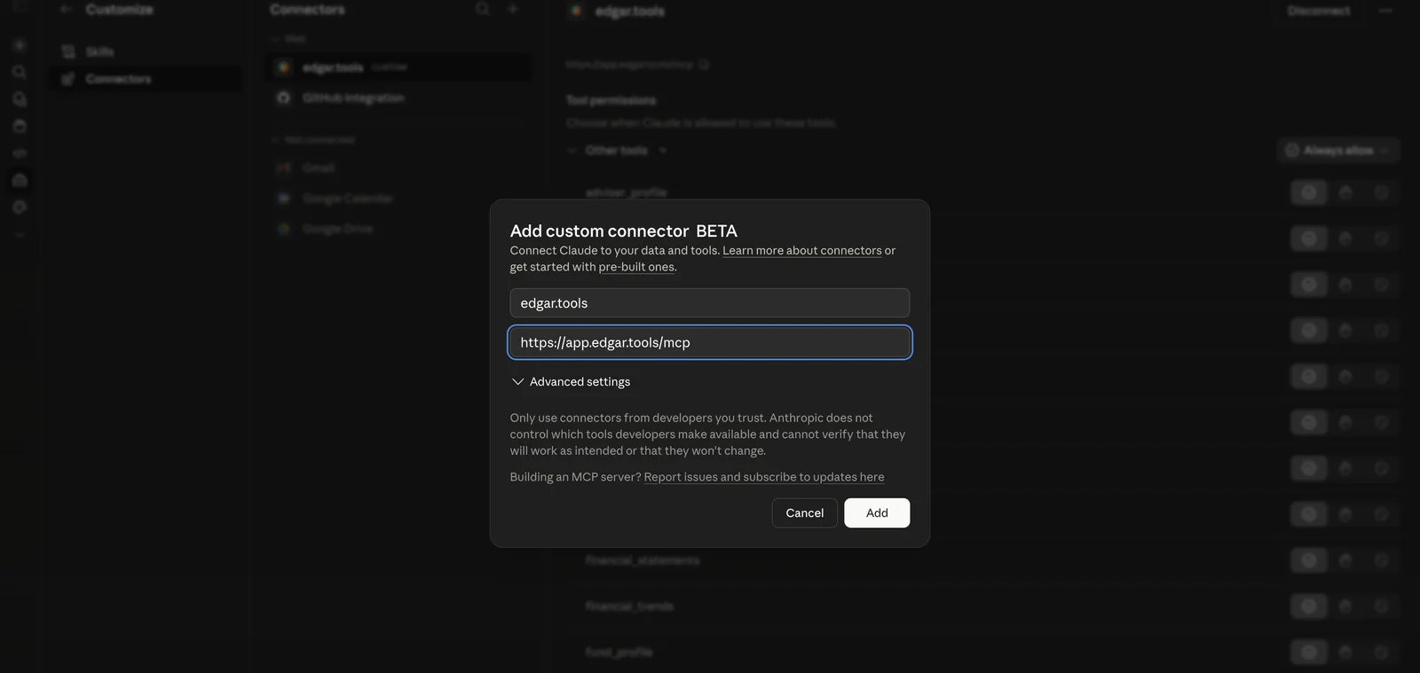 Add custom connector modal with edgar.tools as the name and https://app.edgar.tools/mcp as the Remote MCP server URL