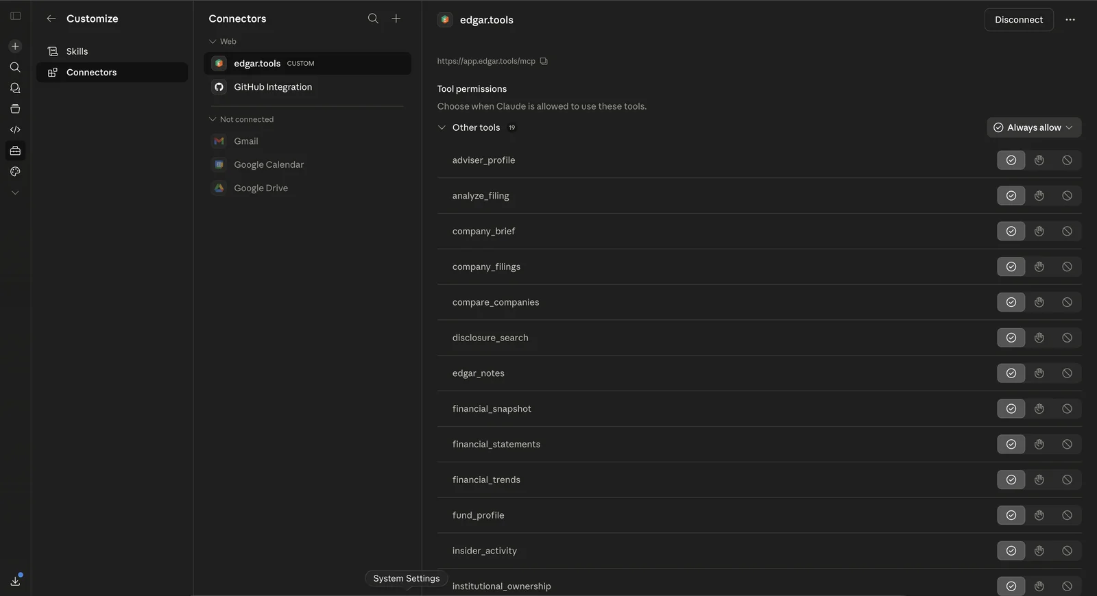 Tool permissions page showing edgar.tools connected with the tier-appropriate tools listed and the Always allow dropdown at the top right